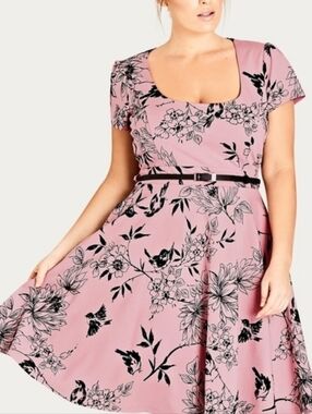 City Chic - Pale Pink Floral Fit & Flare Midi Dress
